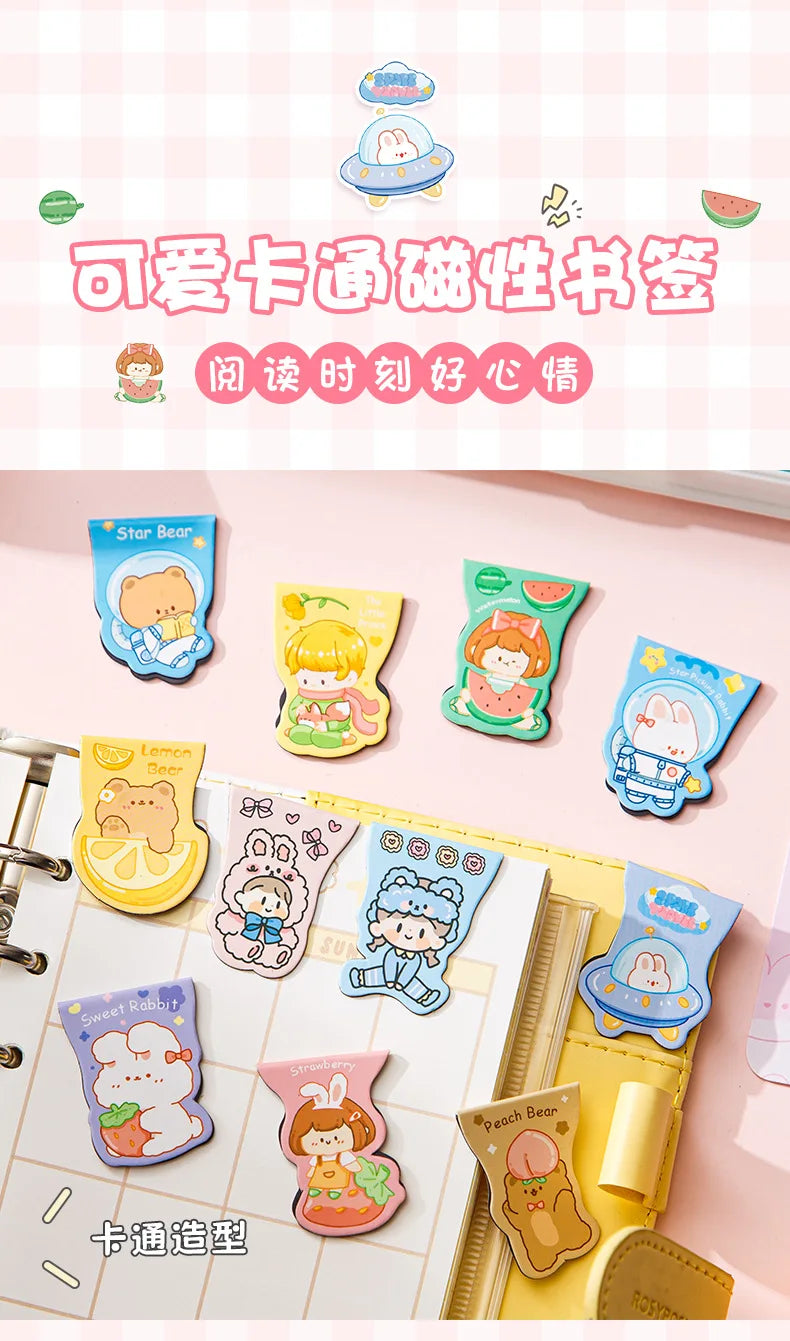 10pcs Kawaii Magnetic Bookmarks – Cute Cartoon Girls & Animals