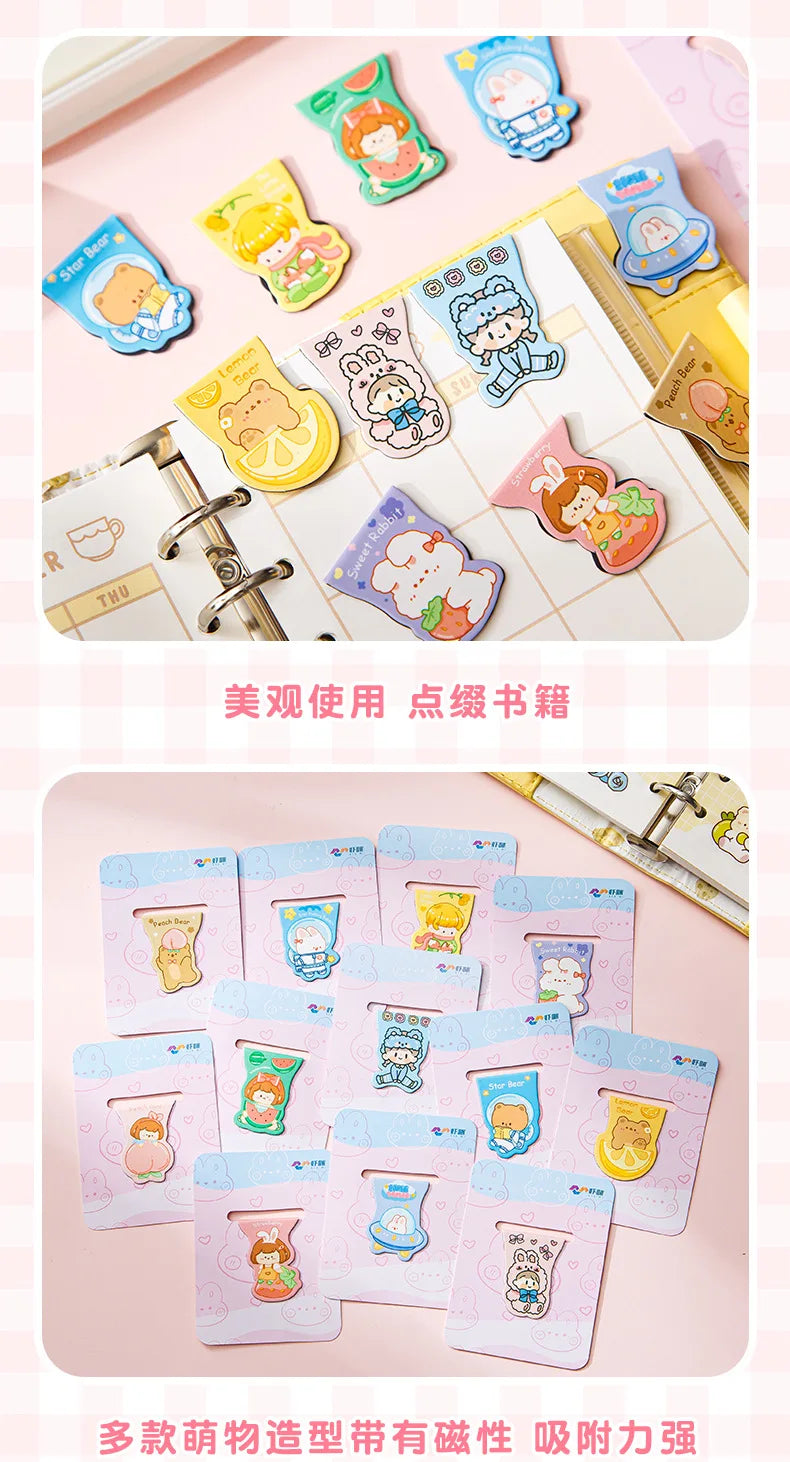10pcs Kawaii Magnetic Bookmarks – Cute Cartoon Girls & Animals