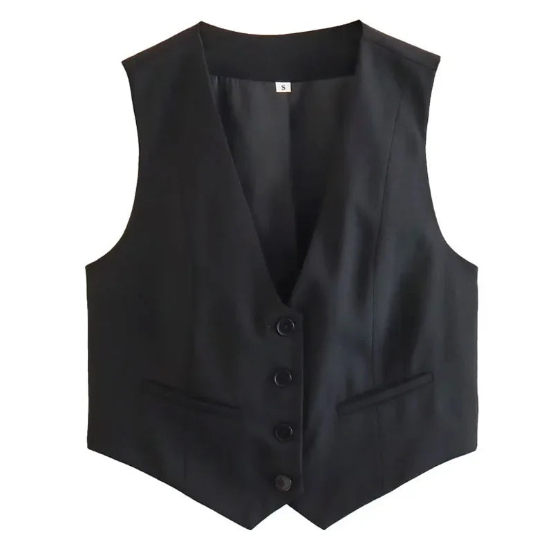 Women’s V-Neck Cropped Vest – Sleeveless Fashion Suit Top (Black/White)