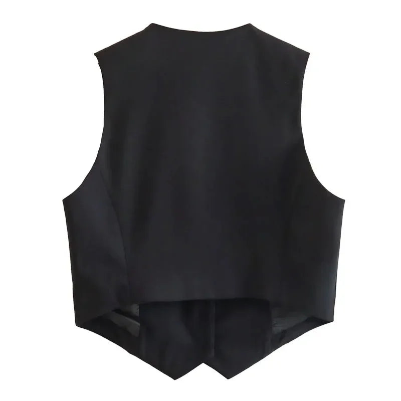 Women’s V-Neck Cropped Vest – Sleeveless Fashion Suit Top (Black/White)