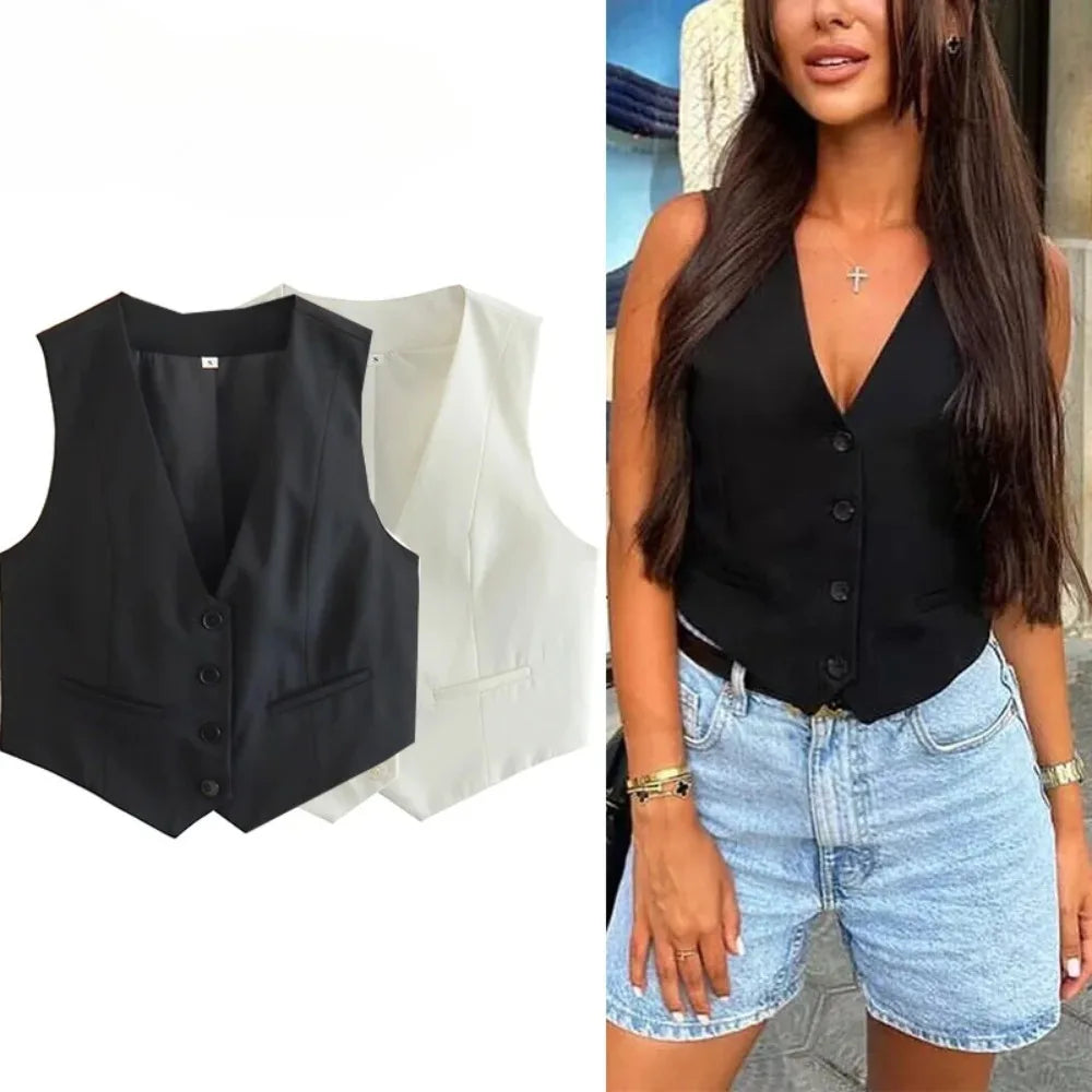Women’s V-Neck Cropped Vest – Sleeveless Fashion Suit Top (Black/White)