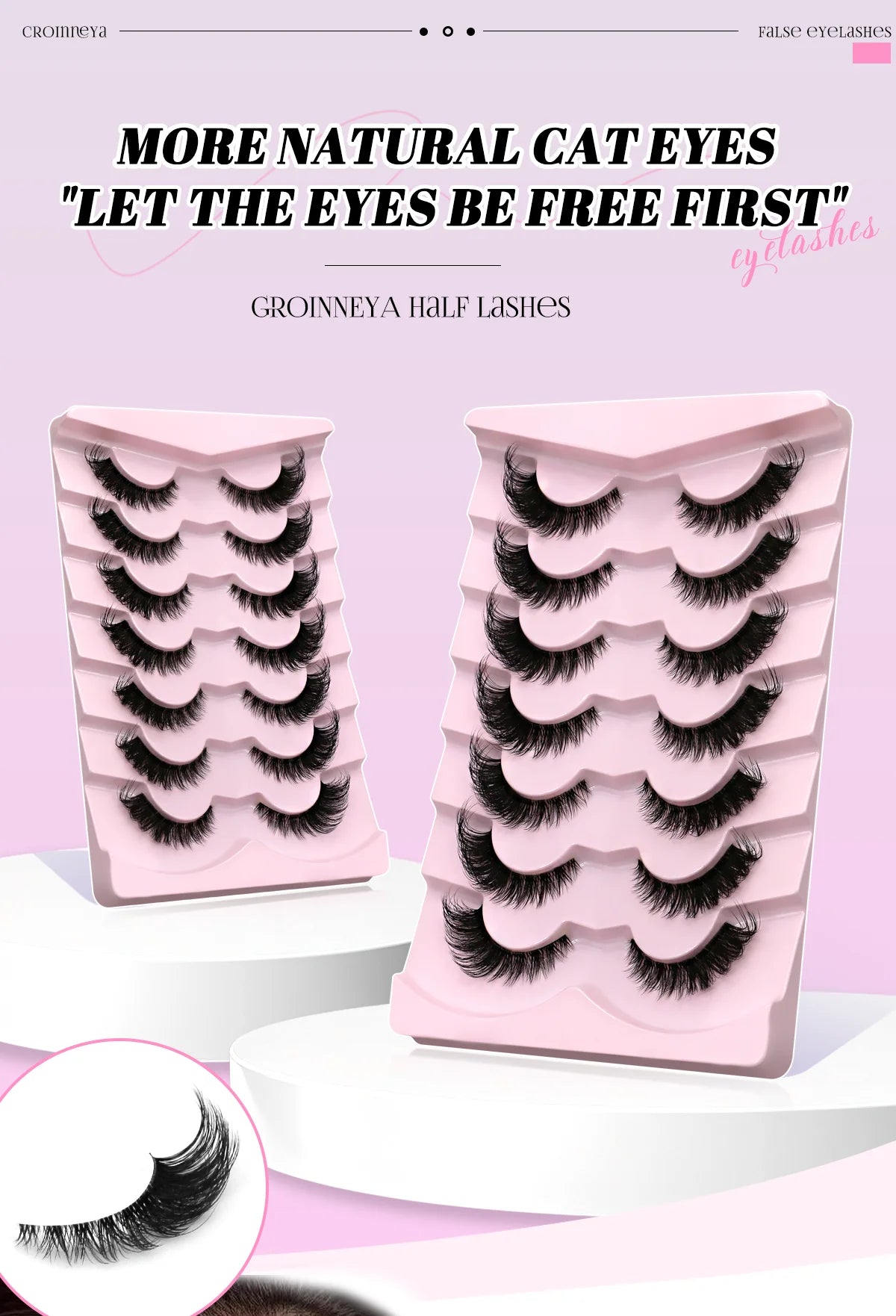 GROINNEYA Cat Eye Faux Mink Lashes – Natural Long with Clear Band