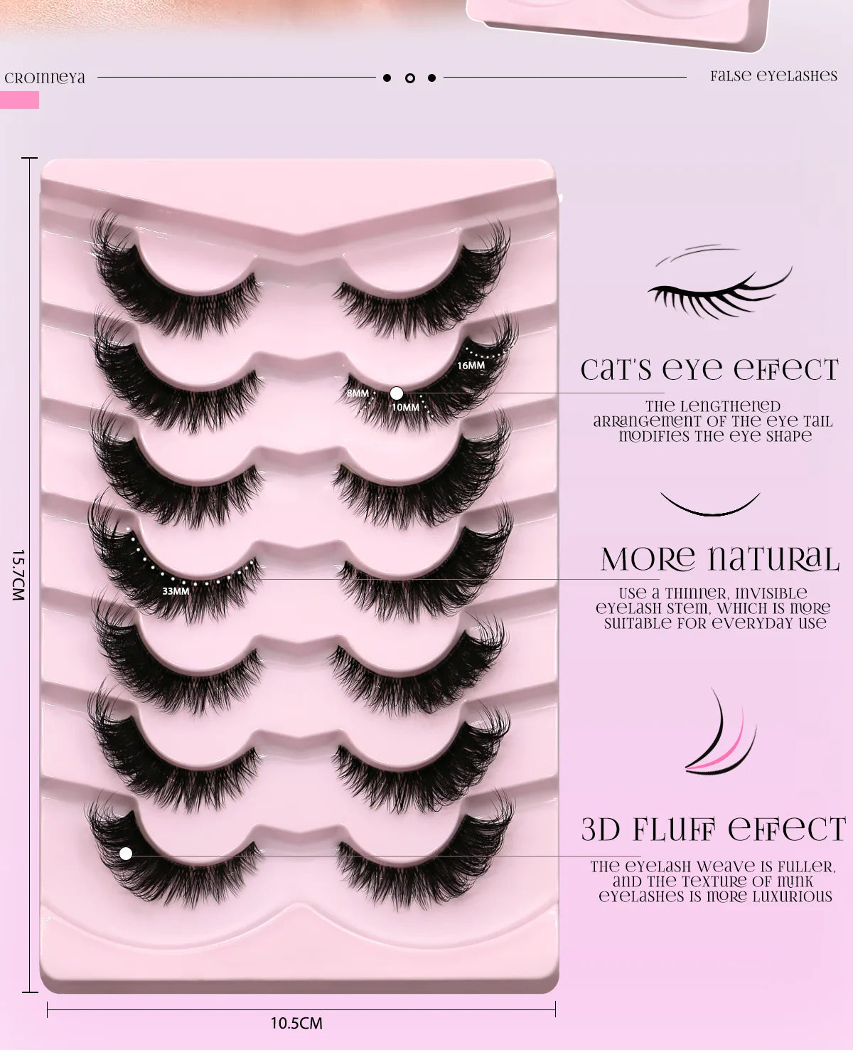 GROINNEYA Cat Eye Faux Mink Lashes – Natural Long with Clear Band