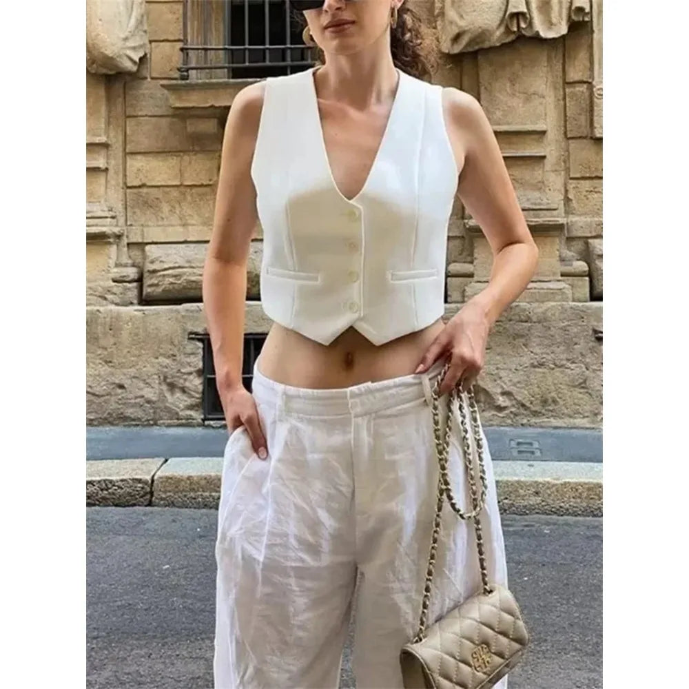 Women’s V-Neck Cropped Vest – Sleeveless Fashion Suit Top (Black/White)