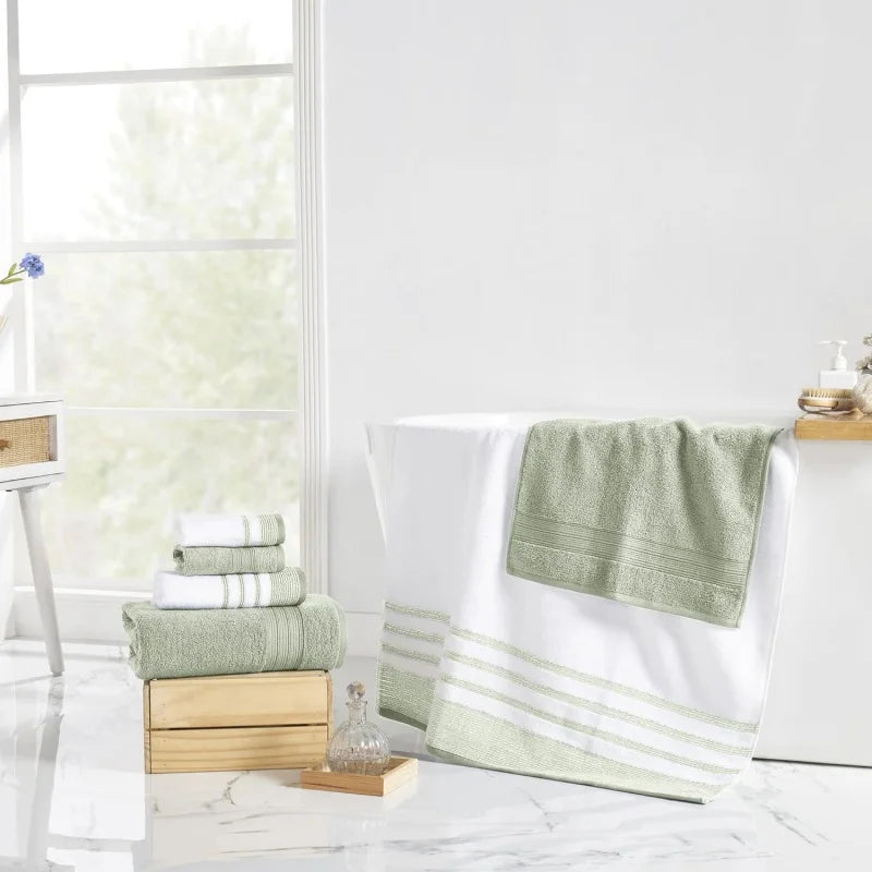 6-Piece Quick Dry Towel Set (White/Contrast Reinhart Sage)